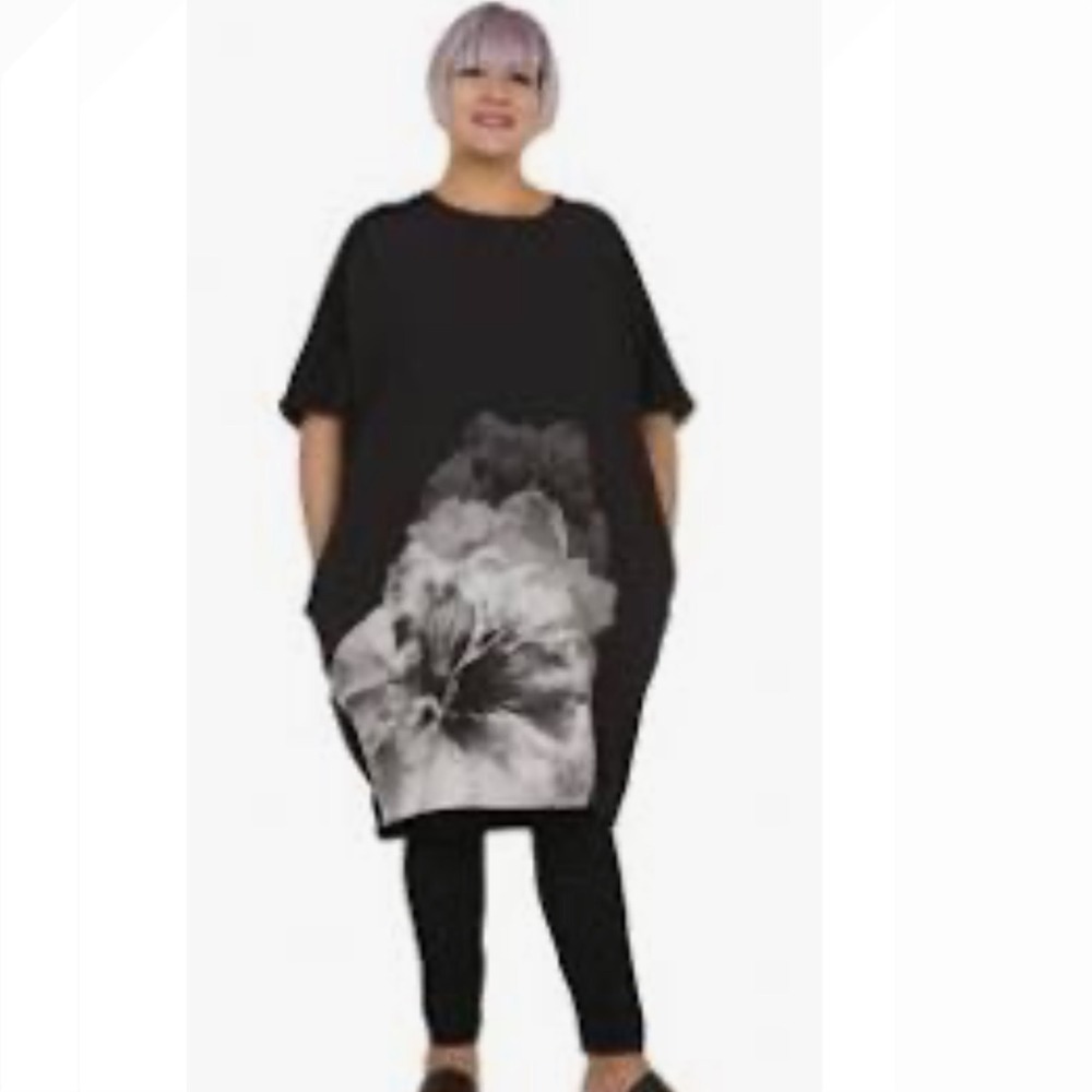 Alembika Black Peony Floral Lagenlook Cocoon Midi Dress Pockets L/XL Israel